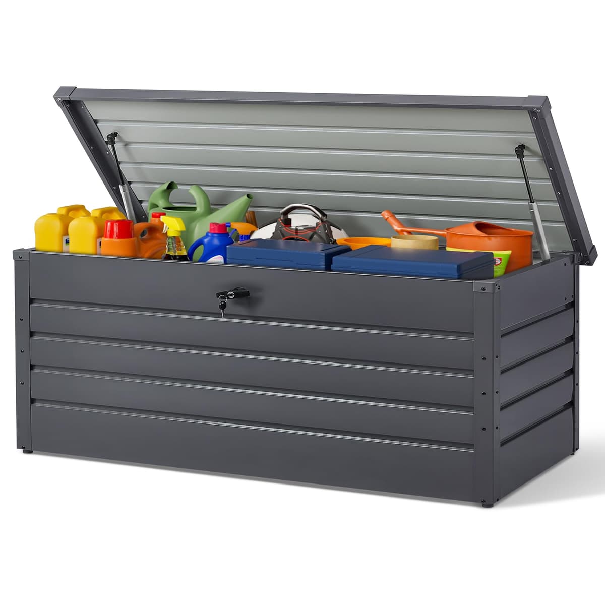 600L Extra Large Garden Storage Box Waterproof | Lockable Metal Garden Storage Box with Built-in Lock, XXL Outdoor Storage Unit for Cushion, Tools, Toys, 165x70x62 cm, Anthracite Grey