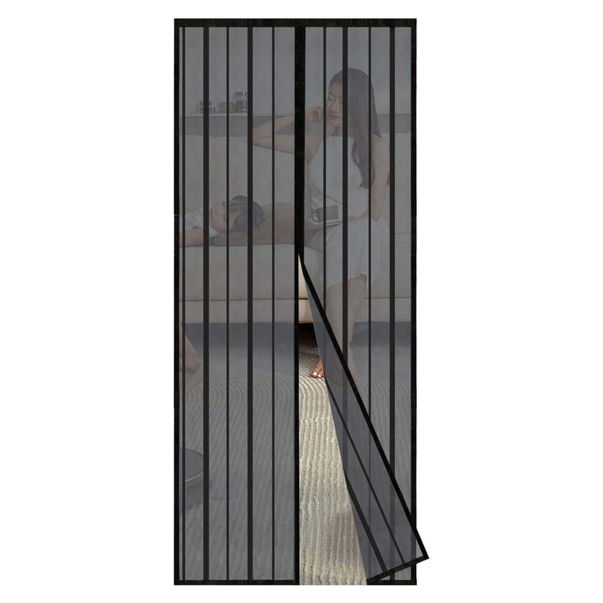 Sekey 80 x 205 cm Mosquitera para puertas, cortina magnética antiinsectos avanzada para balcón y patio, montaje fácil de pegar, kit de instalación completo, negro