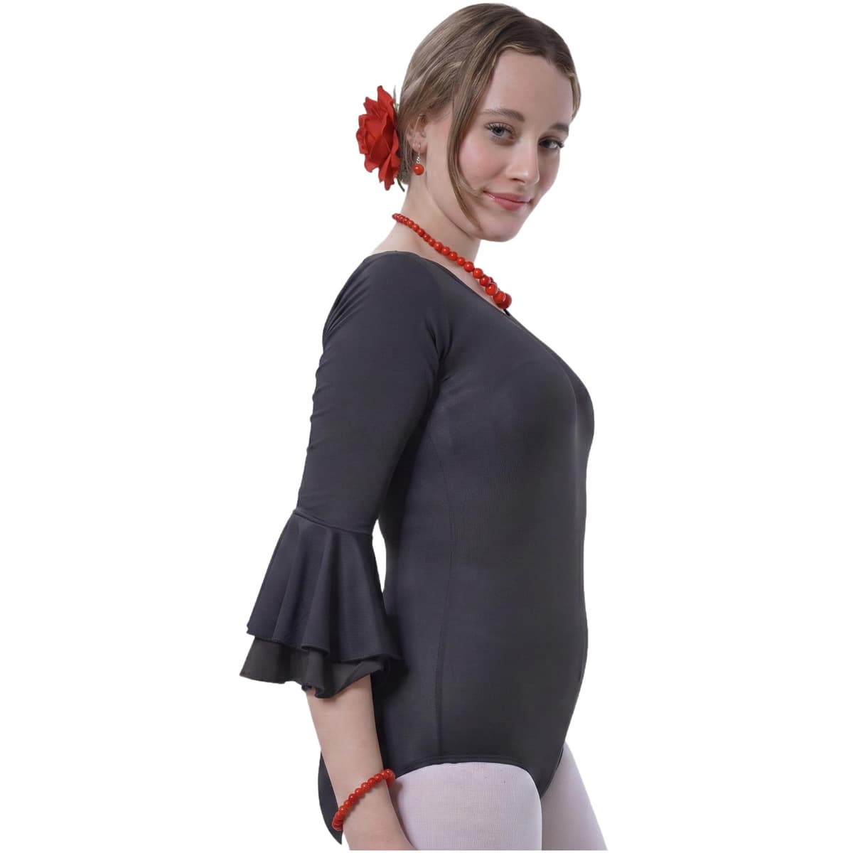 Carnavalife Body flamenco mujer negro maillot danza manga larga con volante, leotardo gimnasia ballet sevillanas, escote redondo, ribete rojo — view 5