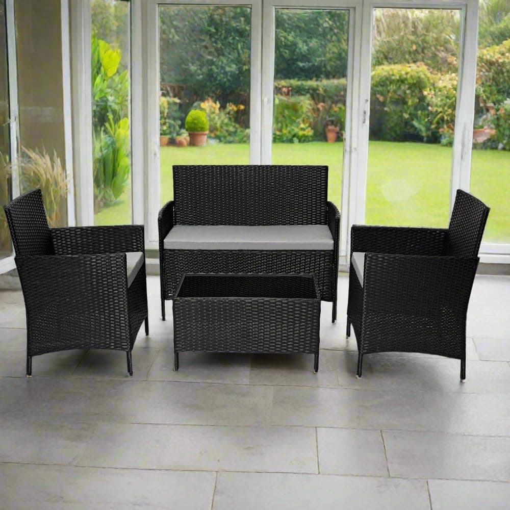 EVRE Black Rattan Garden Furniture Set Patio Conservatory Balcony Indoor Outdoor 4 Seater Piece Glass Top Coffee Table Modular Sofa Loveseat with Cushions — view 2