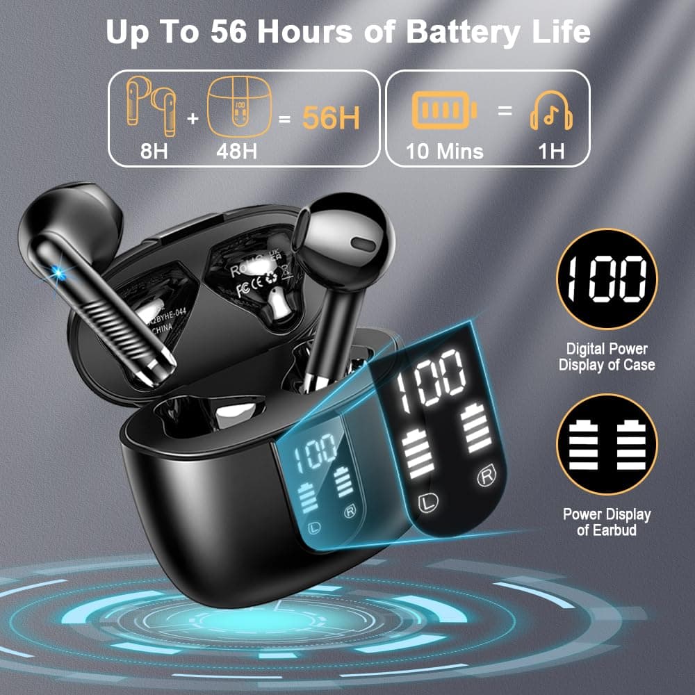 Wireless Earbuds, Bluetooth 5.4 Headphones in Ear NEW Wireless Earphones with 4 ENC Mic, Mini Ear buds with HiFi Stereo Deep Bass, 56H Playtime Dual LED Display, Bluetooth Earbud IP7 Waterproof USB-C — view 5