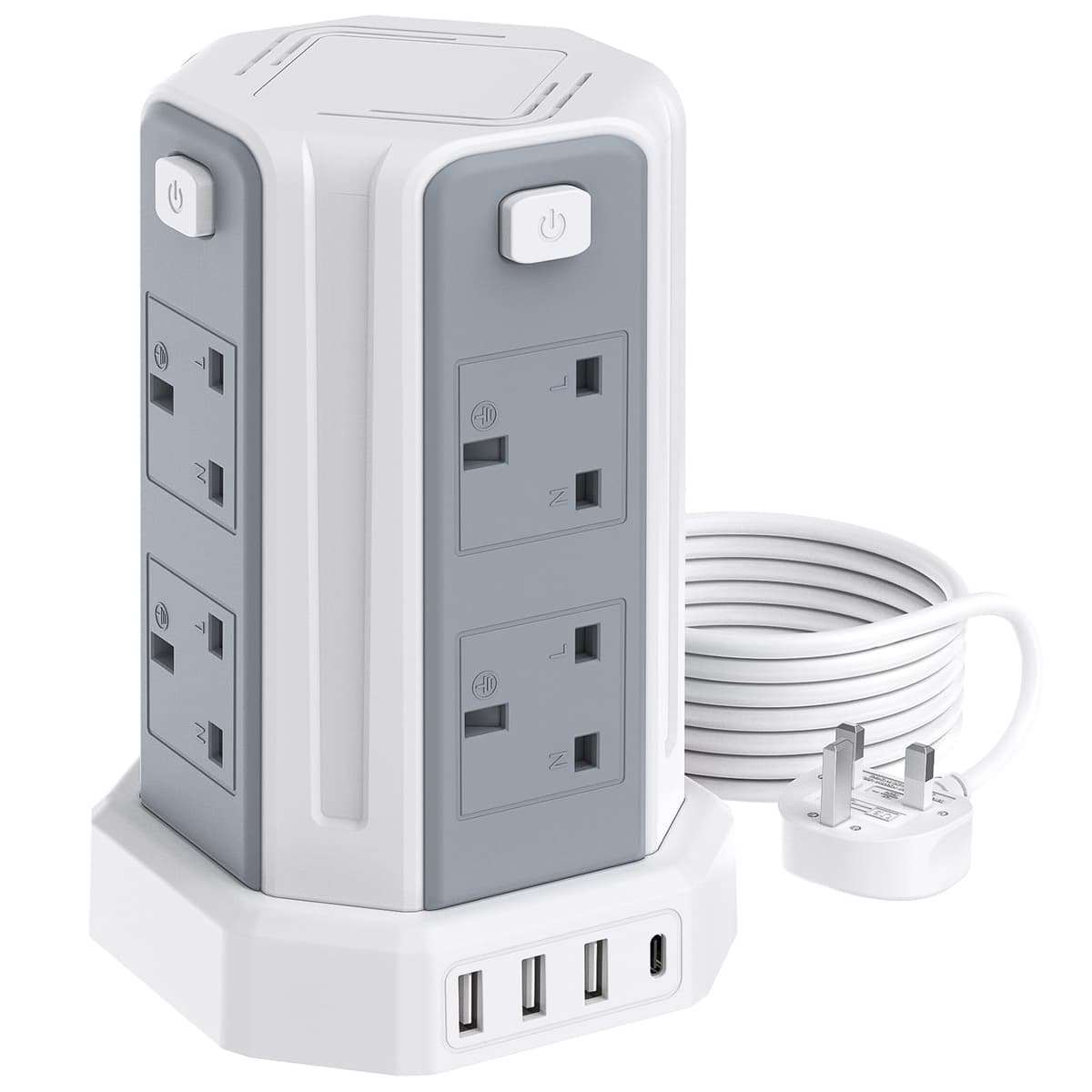 Tower Extension Lead 3M (3250W 13A) Extension Tower 8 AC Outlets & 4 USB Ports, Surge Protection Extension Lead with 4 Independent Switch, 17W USB C Ports Extension Cable 3M for Office, Home, Kitchen — view 12