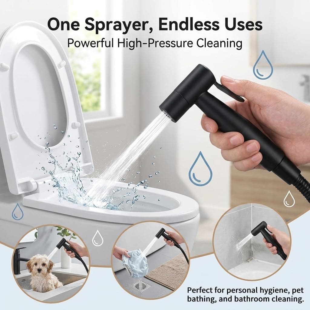 Grifo Bidet para WC Ducha Higiénica de Acero Inoxidable con Manguera 1.5m, para Higiene Personal y Limpieza de Mascotas Incluye Adaptador G1/2 (Negro) — view 3
