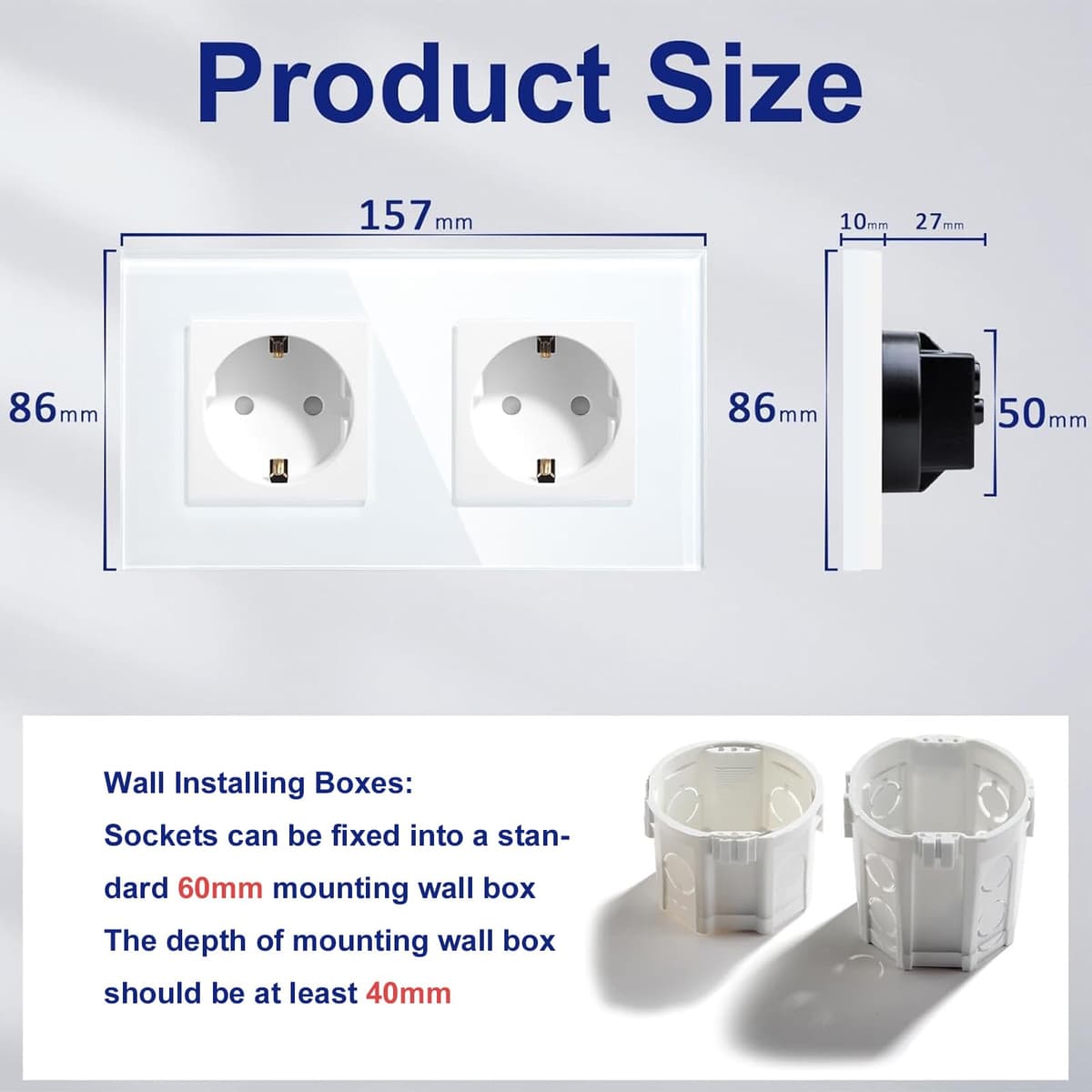 BSEED Enchufe de Pared con Cristal,Enchufes Dobles Empotrados,Toma de Corriente,Seguridad infantil,Fácil de Instalar,M Serie,2 Enchufes,157mm Blanco — view 4