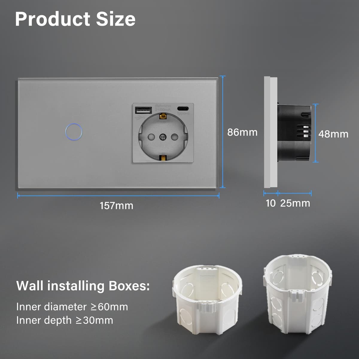 BSEED Interruptor táctil y enchufe pared,Toma de corriente con USB C,Panel de Vidrio con pulsador LED,Sin Función Wifi,1 Gang 1 Vía+1 Enchufe USB/Tipo C,157mm Gris — view 4