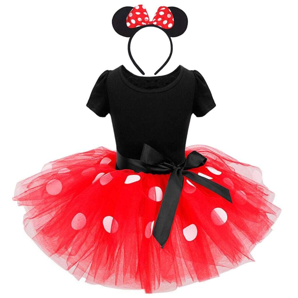 Lito Angels Disfraz de Carnaval Ratona Mouse para Niña con Orejas de Ratón Aro de Pelo, Vestido de Tul Falda Tutu con Lunares, Talla 3-4 años (etiqueta de tela 110), Rojo