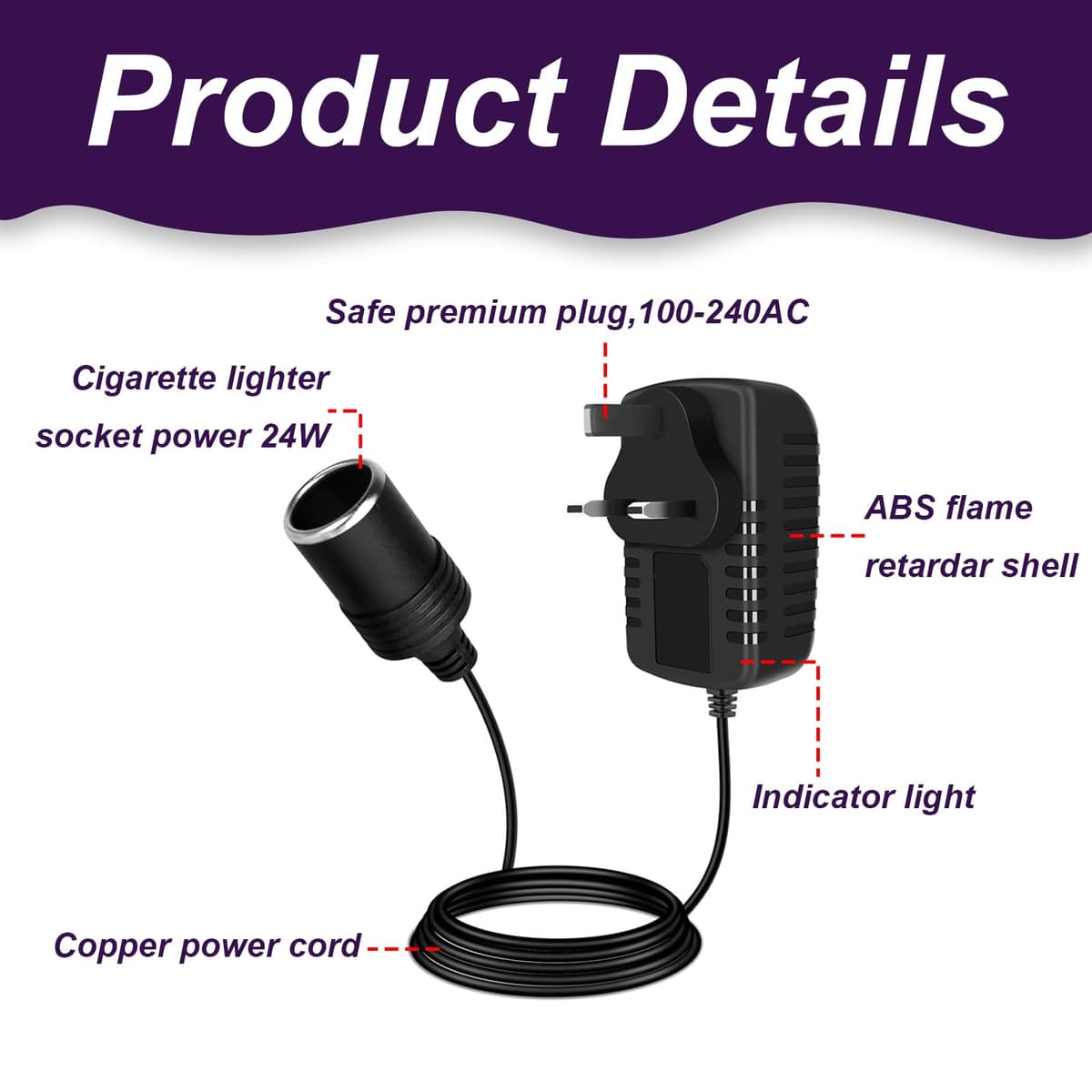 Car Power Inverter, 240V AC to 12V DC Adapter, 2A Cigarette Lighter Socket to UK Plug, Low Power AC to DC Voltage Converter for MP3 Fan Dash Cam, Max Power 24W, Compact Home Use for Car Electronics — view 3
