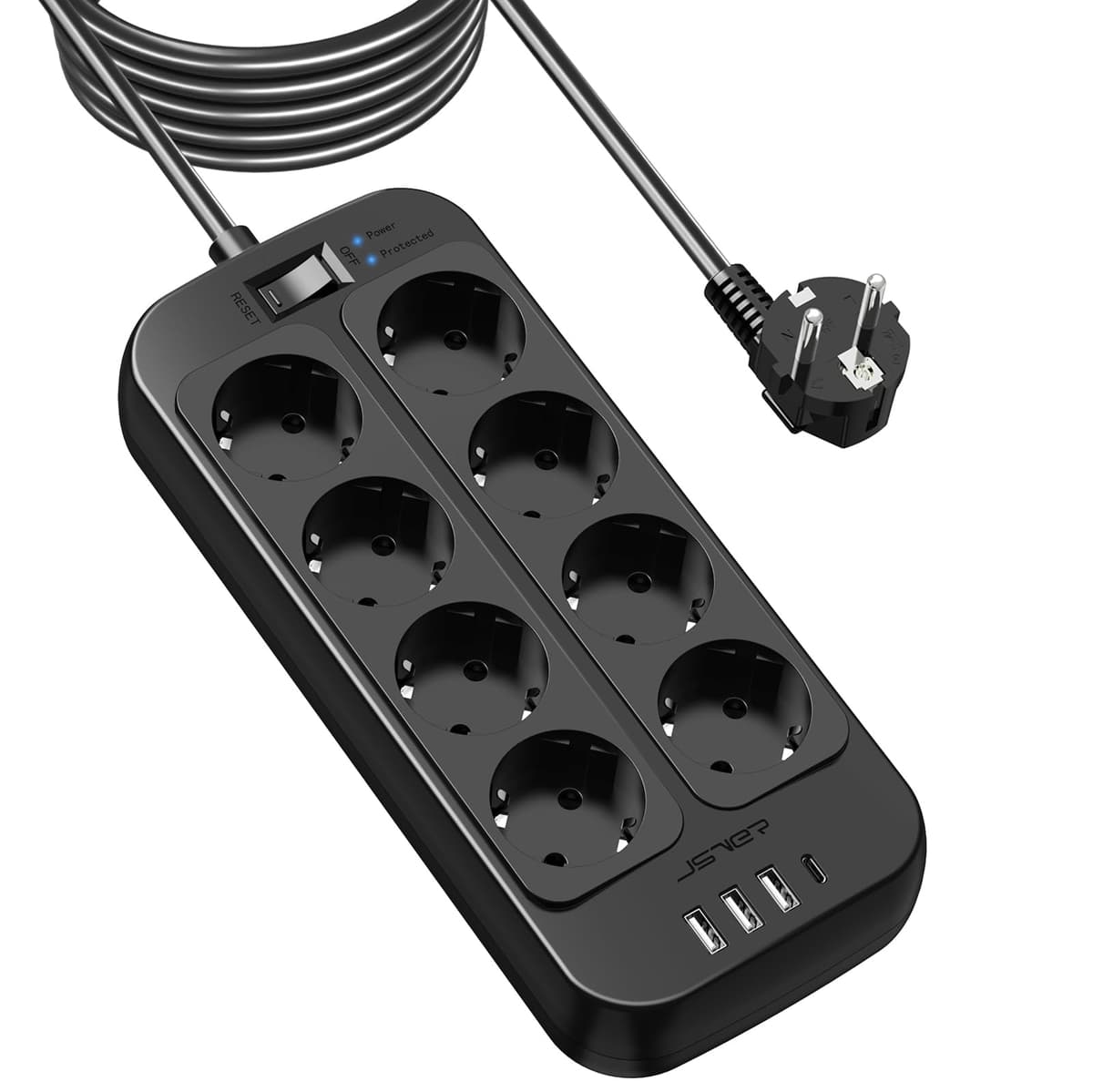 JSVER Regleta Enchufes USB, Proteccion Sobretension con 8 Toma de Corriente y 4 Puertos(5V3,4A) Estación de Carga Inteligente Tomas Alargadora con Cable 1.8m-Negro — view 20