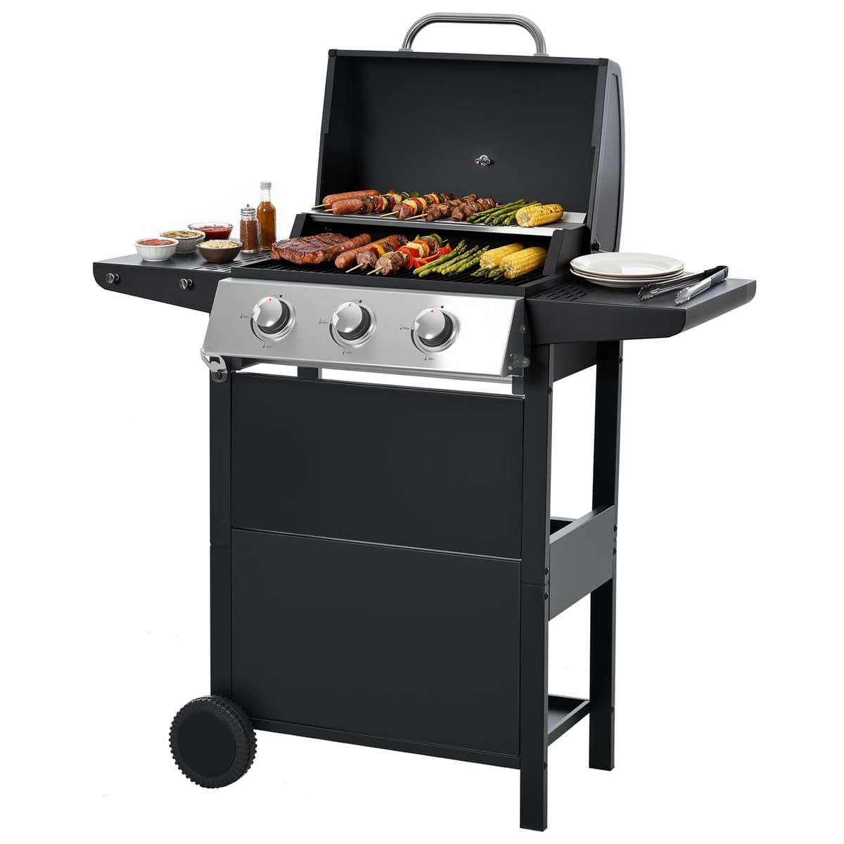 EUHOME 40,500 BTU 3-Burner Propane Gas Grill with Side Burner,Stainless Steel Outdoor BBQ Grill Portable with Wheels and Cast Iron Grates for Patio Garden Barbecue Cooking — view 13