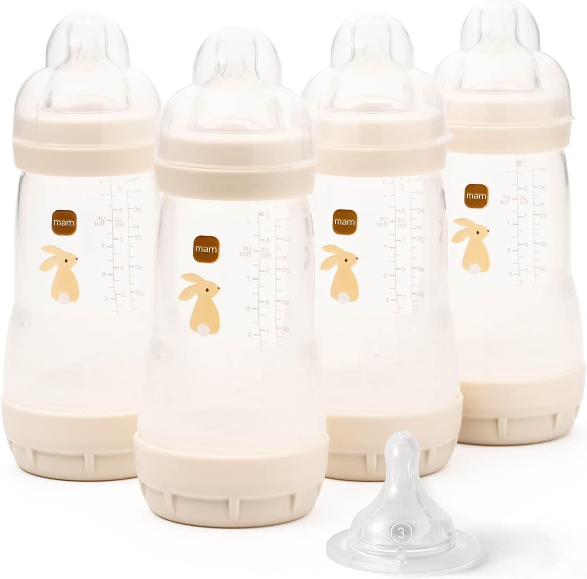 MAM Easy Start Anti-Colic Baby Bottles | 2 Pack (2 x 260ml) | Self-Sterilising Baby Milk Bottle | Medium Flow MAM Teat Size 2 | Newborn Essentials | Linen (Various Designs) — view 9