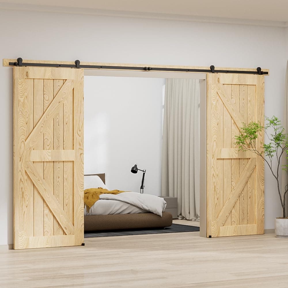 LTIYITL 274CM (9FT) Herraje Para Puerta Corredera Kit de Granero Accesorio de Armario Con Rodillo de Riel Para Puerta Doble,Contiene Guía de Suelo Ajustable — view 3