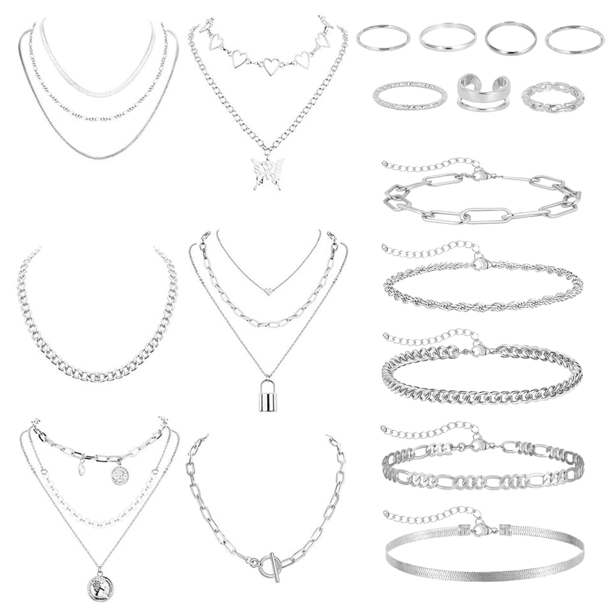 Joyas de Mujer - Set de 18 Piezas: Brazalete Dorado, Cadena y Collar Plata, Gargantilla y Choker Dorado, Bisutería, Joyería y Colgante para Mujeres, Plata