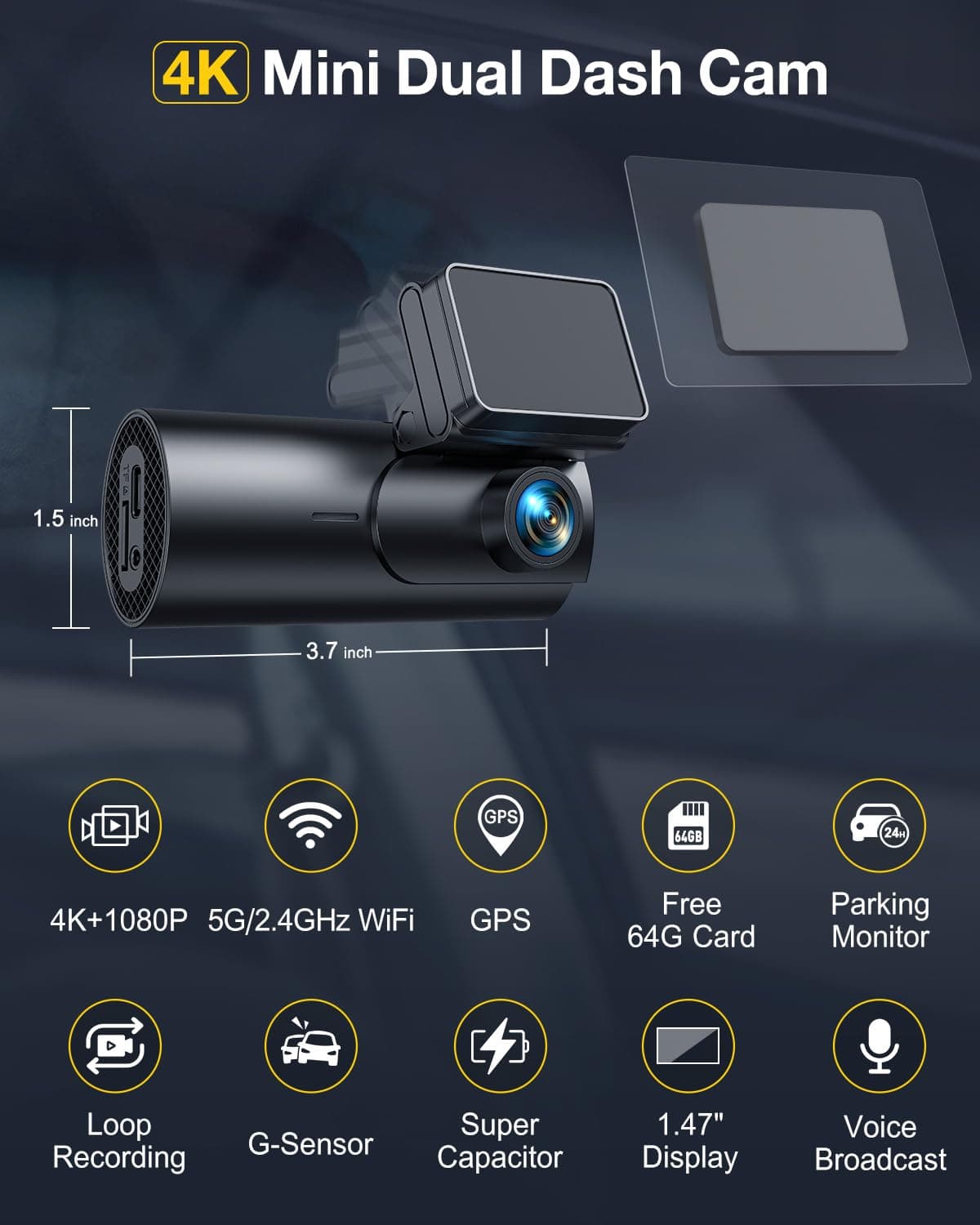 GKU 4K Dash Cam Front and Rear, 5GHz WiFi GPS, Dual Car Camera, 1.5” IPS Mini Dashcam for Cars with 64GB SD Card, 24H Parking Mode, Night Vision, WDR, 170° Wide Angle, G-Sensor, App Control, Max 256GB — view 4