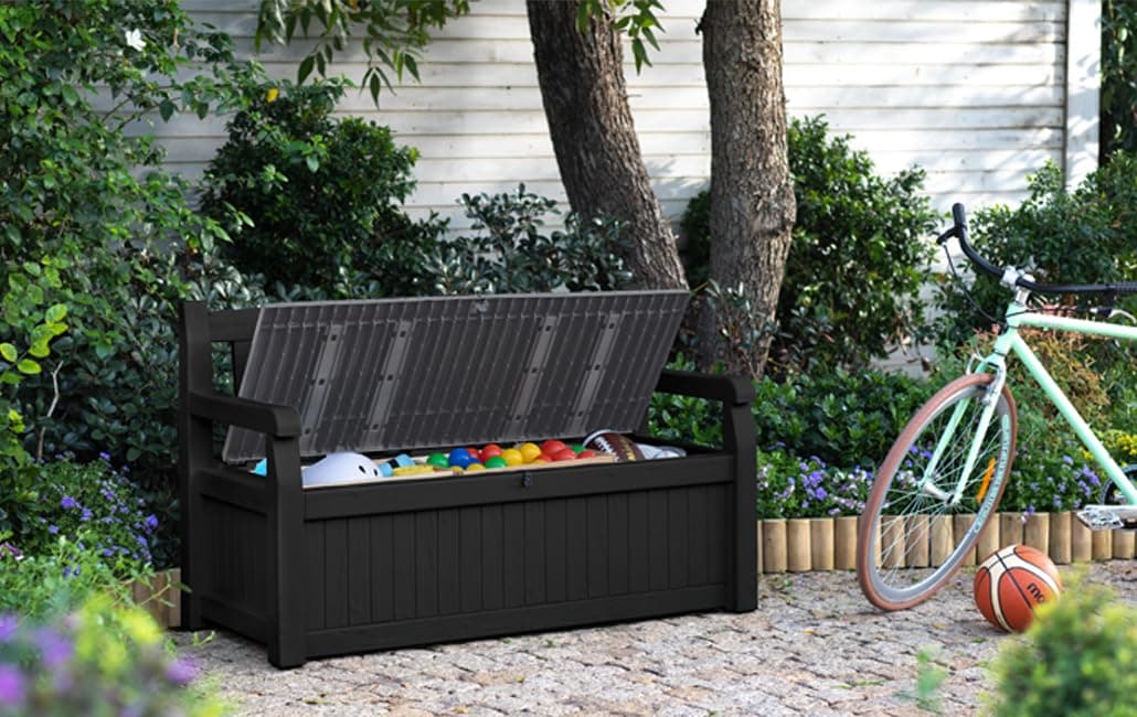 Keter Eden Bench 265L Outdoor 60% recycled Garden Furniture Storage Box Graphite & Light Grey | Fade Free | All Weather Resistant | Safe and Secure | Zero Maintenance | 2 year Warranty — view 2