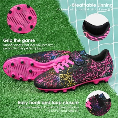 brooman Kids Firm Ground Soccer Cleats Girls Football Cleats with Shin Guards and Soccer Socks (8 CA,Black Fuchsia) — view 3