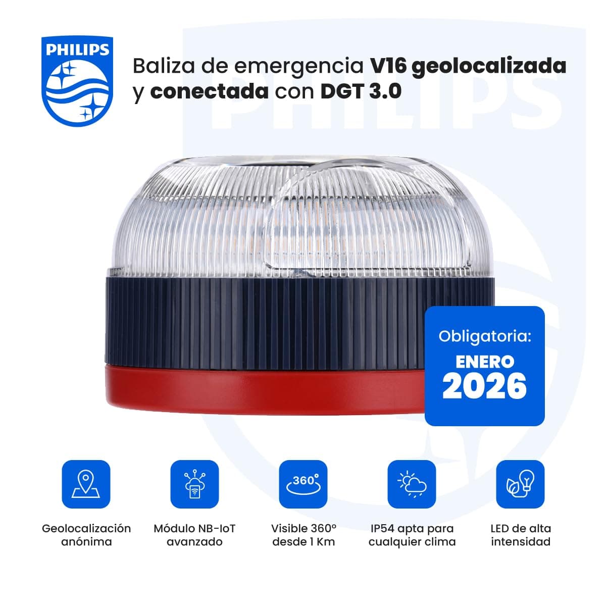 Philips Emergency Beacon V16 with Geolocation and DGT 3.0 Connection – Approved, Data Plan Included, Magnetic Base, High Visibility 1 km, Rain and Wind Resistant, AA Batteries Included — view 2