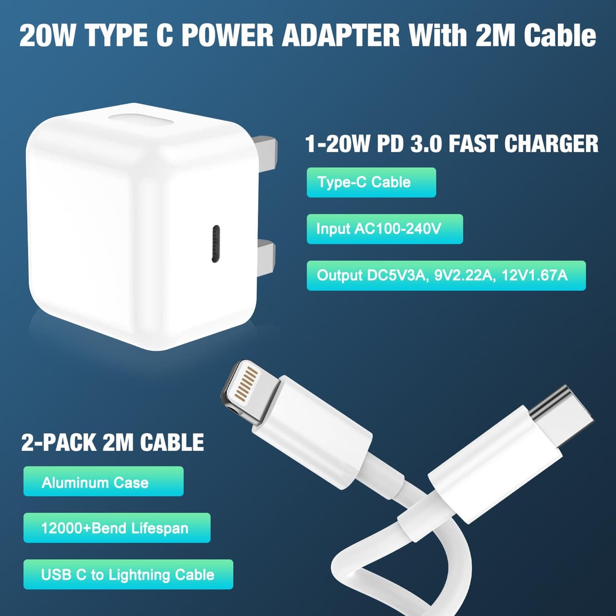 KTDRJN for iPhone Charger Fast Charge, 2Pack PD 20W Fast Apple Charger Cable 2M, iPhone Fast charger Plug with USB C To Lightning Cable for iPhone 14 13 12 11 Pro Max XS XR X 8 7 6 Plus, iPad and iPod — view 6