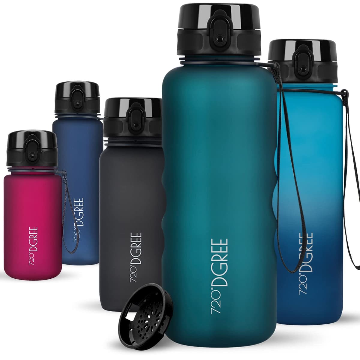 720°DGREE Botella uberBottle + colador – 350 ml, 500 ml, 650 ml, 1000 ml, 1,5 l, 2 l – Sin BPA – Botella de agua para deportes, escuela, niños, fitness, gimnasio, bicicleta, exterior – ligera