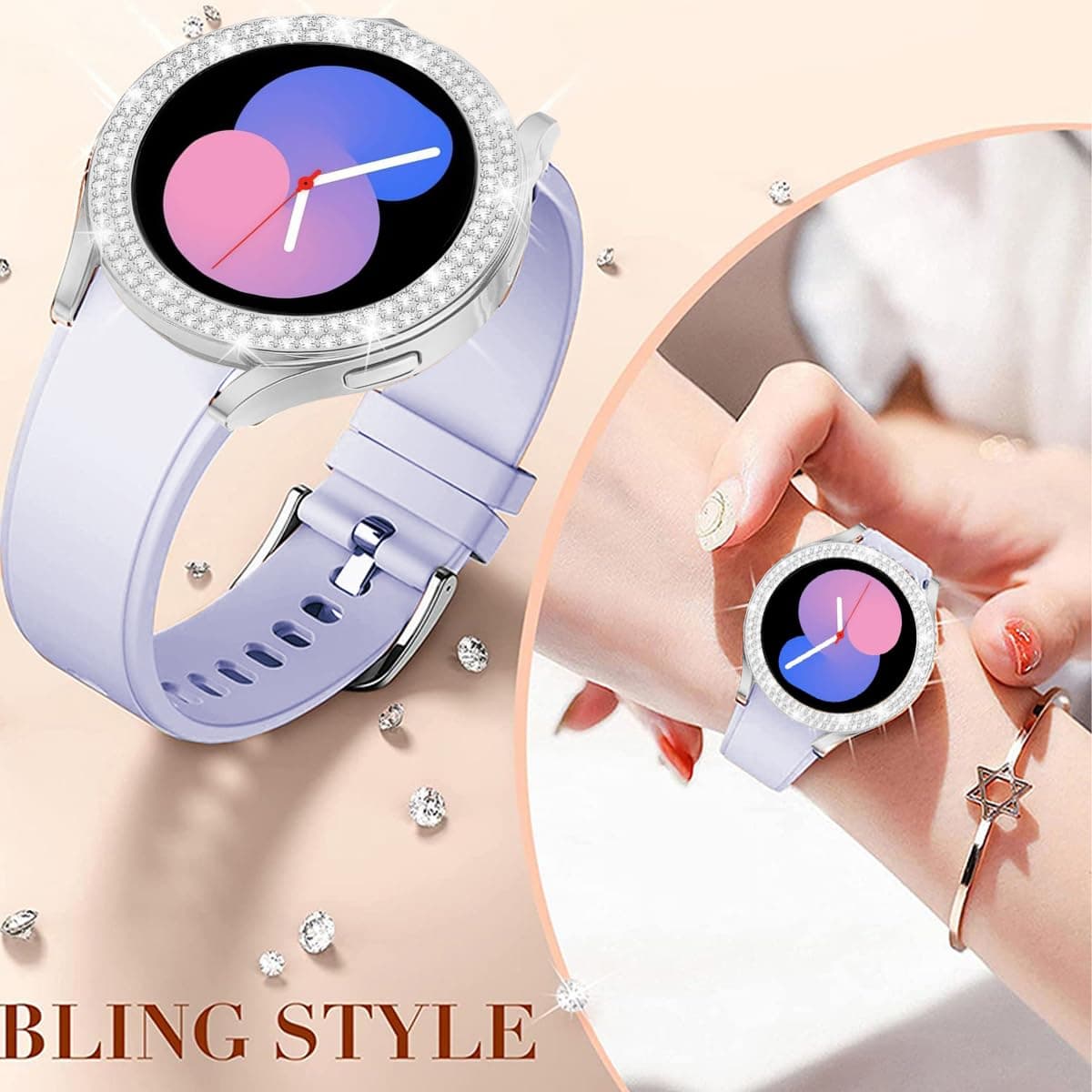 DEALELE [2-PACK] Case Compatible with Samsung Galaxy Watch FE / 5/4 40mm, Bling Double-row Diamond PC Protective Case Protector Cover, 40mm, Silver + Transparent — view 4