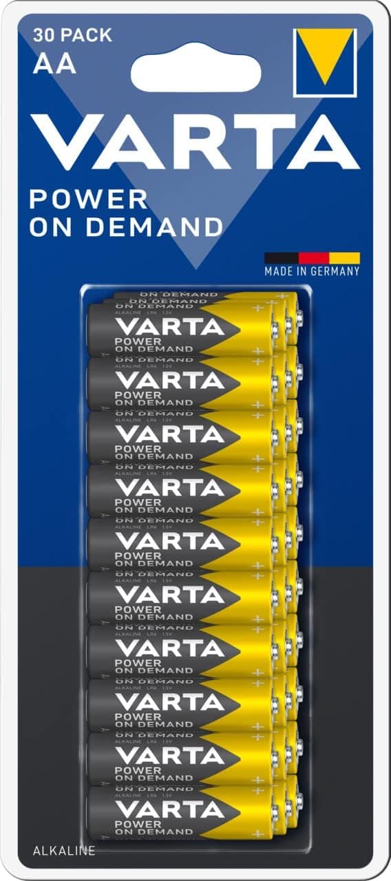 VARTA Pilas AA, paquete de 30, Power on Demand, alcalinas, 1,5V, inteligentes, flexibles, para accesorios de ordenador, dispositivos Smart Home, linternas, Made in Germany Paquete de 30 AA