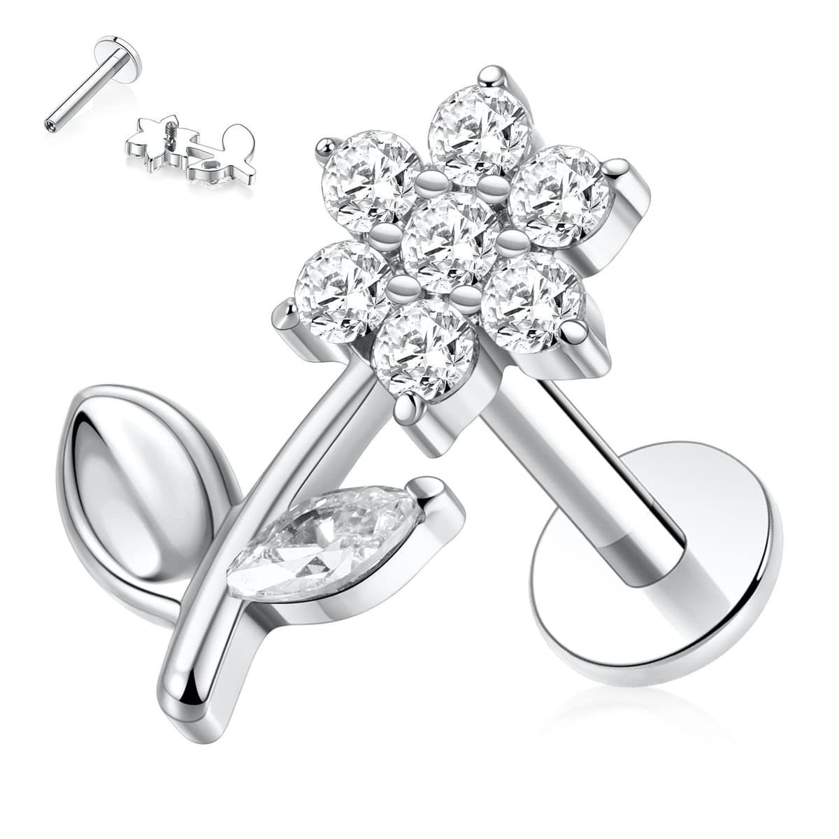 hengkaixuan 16G Titanium Labret Studs - Internally Threaded Flatback - Unisex - Silver - Piercing Jewellery — view 32