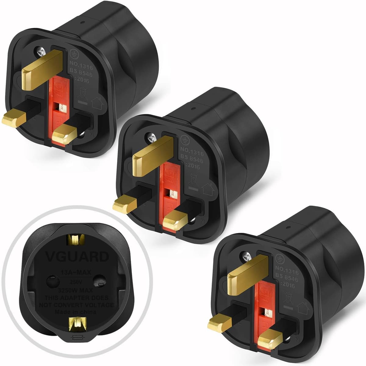 VGUARD European to UK Plug Adaptor, BS8546 Certified Travel Adapter 2-Pin to 3-Pin, EU Schuko to UK Plug with 13A Fuse for Europe French Spanish German Turkish to UK Socket, 1 Pack - White — view 13