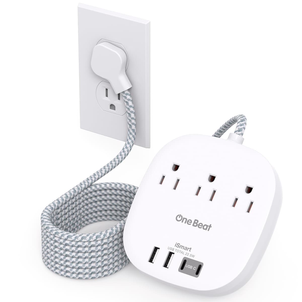 One Beat Flat Plug Power Bar with USB C, 6FT Ultra-Thin Extension Cord, 3 Outlet with 4 USB Ports (2 USB C) Desktop Charging Station, No Surge Protection for Cruise Ship, Travel Essentials, Dorm Room — view 8