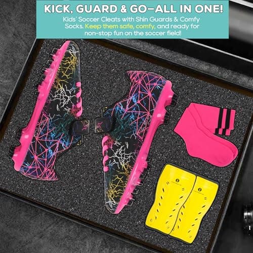 brooman Kids Firm Ground Soccer Cleats Girls Football Cleats with Shin Guards and Soccer Socks (8 CA,Black Fuchsia) — view 4