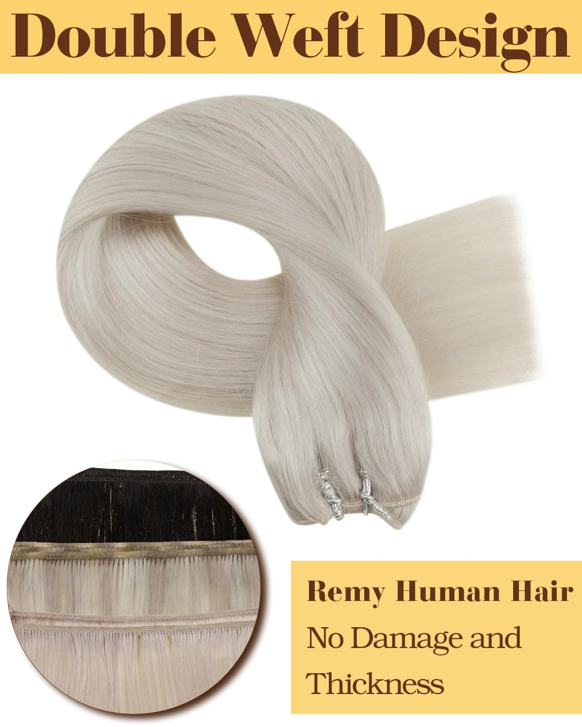 Hetto Weft Hair Extensions Real Human Hair Platinum Blonde 18 Inch 100g - Human Hair Weft Extensions for Professional Hair Thickening, Salon Sew in Hair Extensions for Party Use #60 — view 2