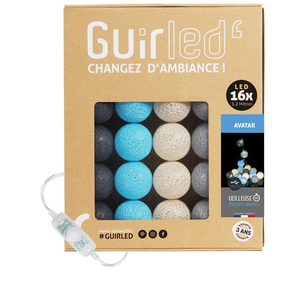 GuirLED - Guirnalda luminosa bolas de algodón LED USB- Luz de noche para bebé 2h - Adaptador de corriente dual USB 2A incluido - 3 intensidades - 16 bolas 1,6m - Byzantin — view 9