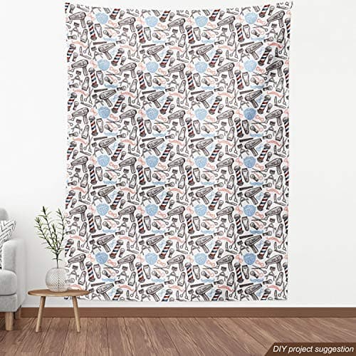 Lunarable Retro Fabric by The Yard, Barber Shop Accessories Monochrome Doodle Style Composition and Beard with Mustache, Decorative Fabric for Upholstery and Home Accents, 1 Yard, Blue Red — view 3