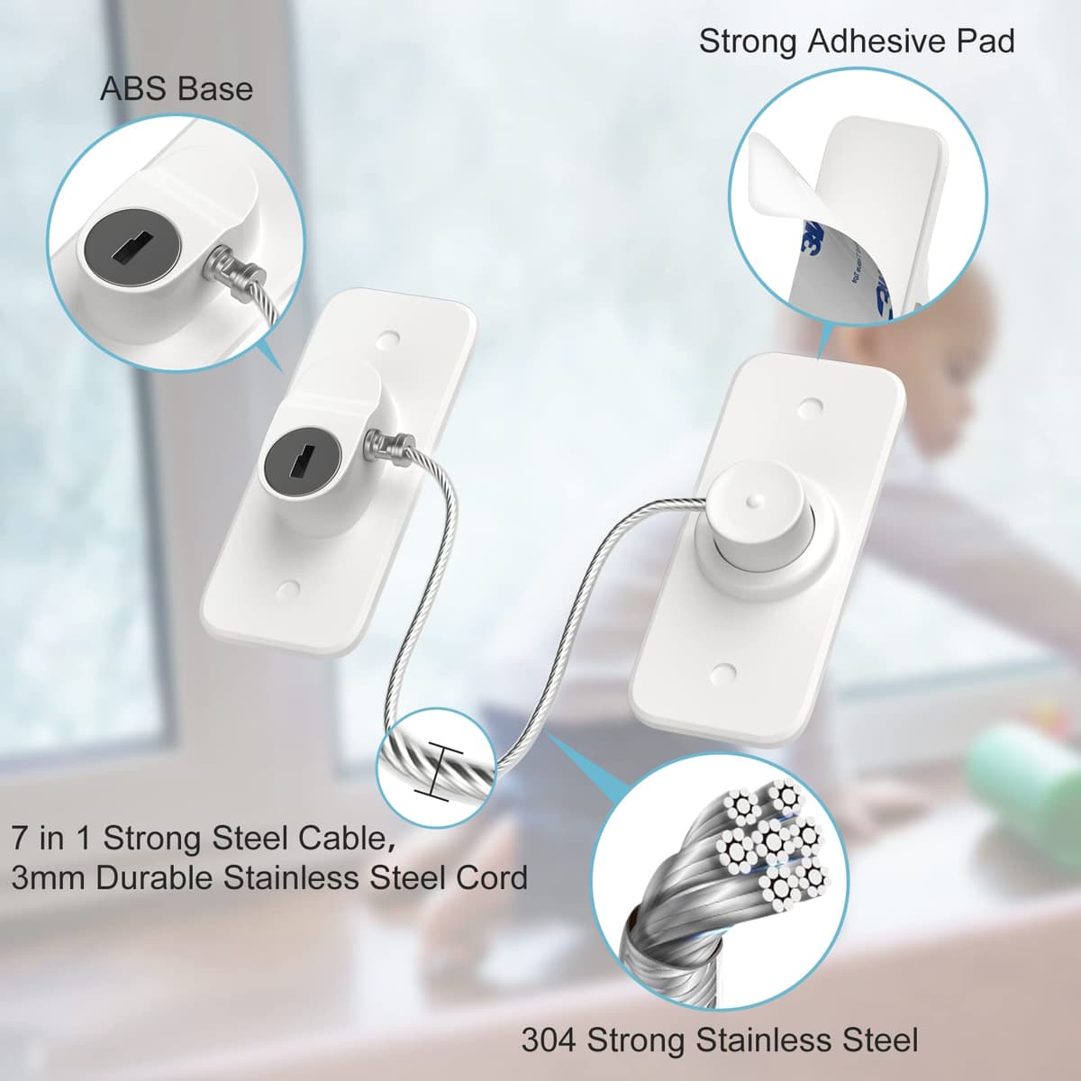 Window Safety Lock, Window Locks for UPVC AOSITE 2Pack No Drilling Window Restrictor Self Adhesive,Versatile Refrigerator Lock with Key Child Window Safety Locks Pet Safety Cable Lock for Childproof — view 5