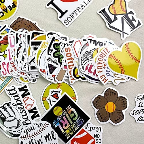 Lamdo Softball Stickers 100PCS Baseball Accessories, Softball Gifts for Girls and Teen, Waterproof Vinyl Helmet Stickers for Water Bottle, Laptop, Skateboard, Bag, Glove (Yellow) — view 2