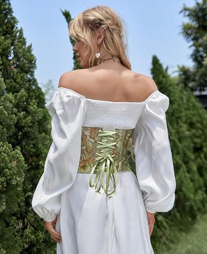Alivila.Y Fashion Womens Vintage Floral Denim Overbust Corset Bustier Top, Green Short Torso, Small — view 2