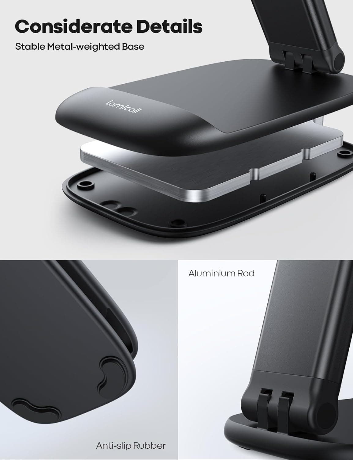 Lamicall Foldable Phone Stand for Desk - Height Adjustable Phone Holder Cradle Dock for iPhone 17 16 15 14 Pro Max Plus Air, 13 12 Pro Max Mini, 11 Pro, Xs, XR, X, 8, Samsung S23, 4"-8" Mobile Phones Black — view 4