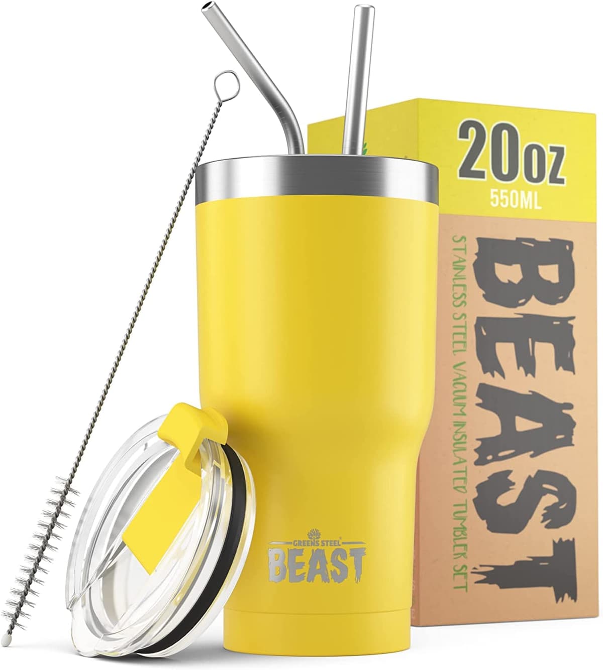 Greens Steel Beast Tumbler – 550 ml (20 oz), Coral | Vaso de acero inoxidable reutilizable con aislamiento al vacío | con 2 pajitas y cepillo de limpieza | Termo de viaje de doble pared — view 91