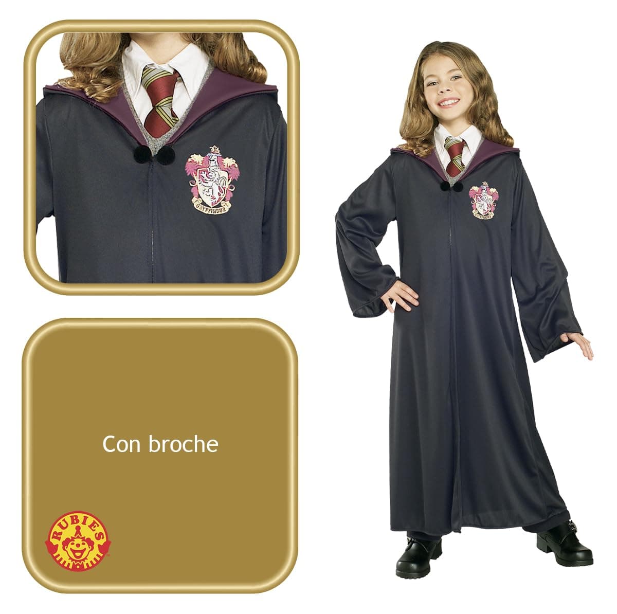 Rubies Disfraz Hermione Clásico para niñas, Túnica negra con broche y emblema de Gryffindor, Magos, Hogwarts, Licencia Oficial Warner Bros Harry Potter — view 3