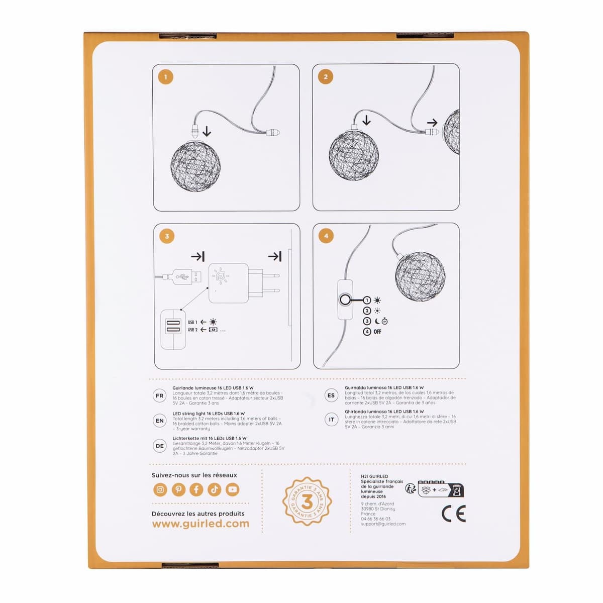 GuirLED - Guirnalda luminosa bolas de algodón LED USB- Luz de noche para bebé 2h - Adaptador de corriente dual USB 2A incluido - 3 intensidades - 16 bolas 1,6m - Byzantin — view 7