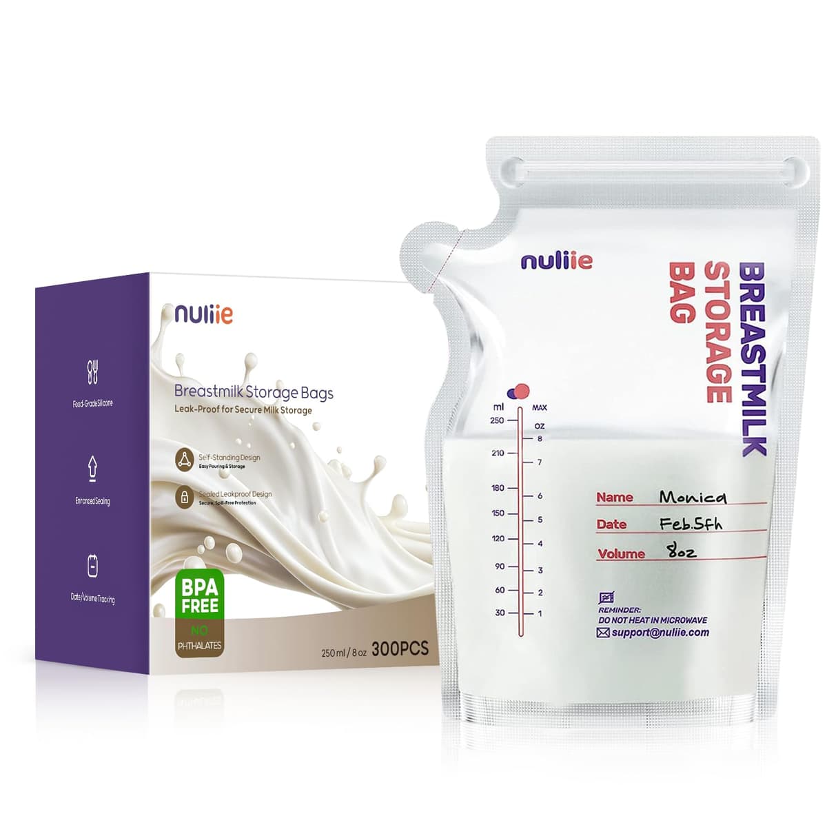 Nuliie 120 Pcs Breast Milk Storage Bags, 250ml BPA Free Milk Storage Bags with Pour Spout for Breastfeeding, Self-Standing or Flat Pre-sterilised Bag, Space Saving for Fridge or Freezer Use — view 11