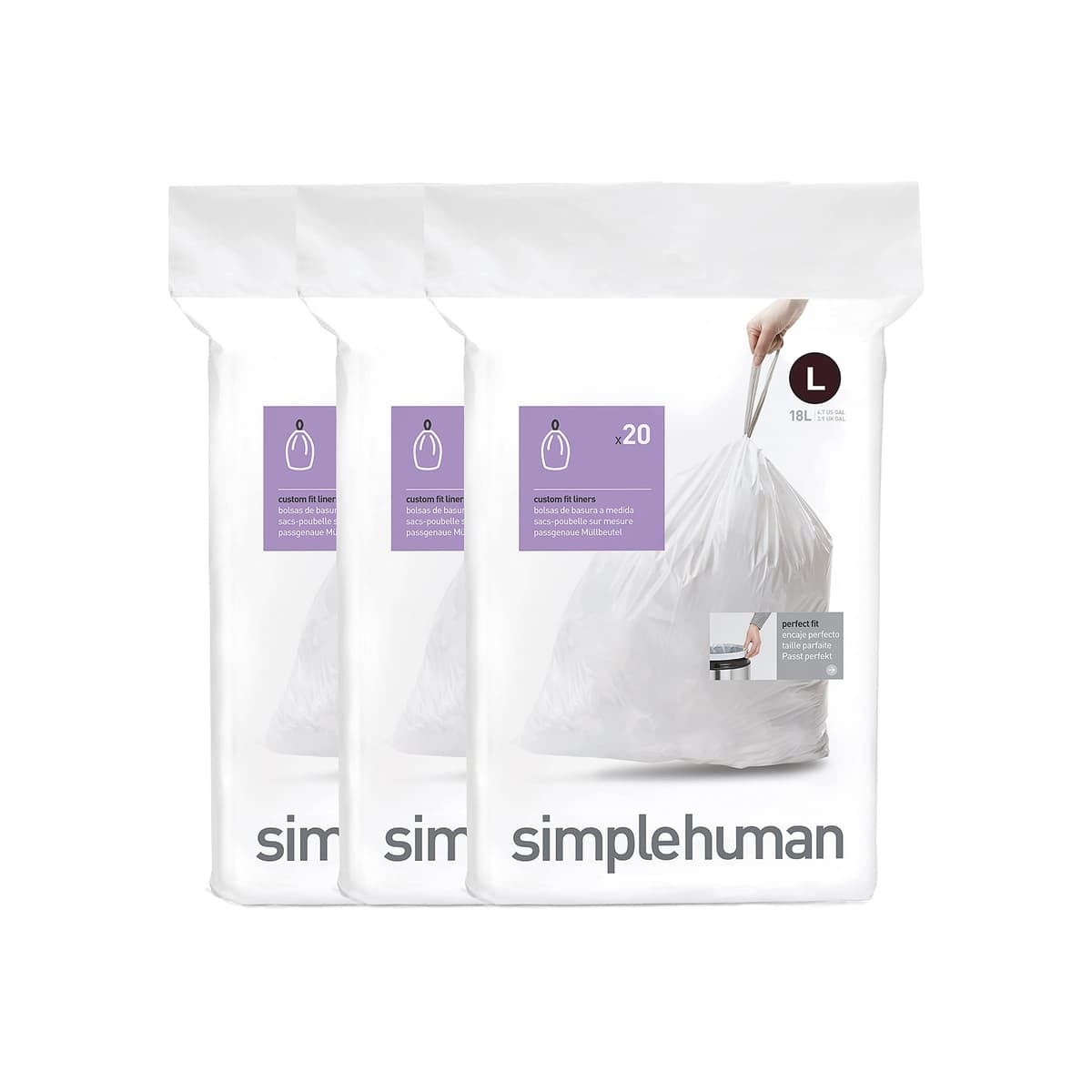simplehuman CW0408 3 x paquete de 20 bolsas de basura a medida (60 bolsas), código V, plástico blanco — view 31