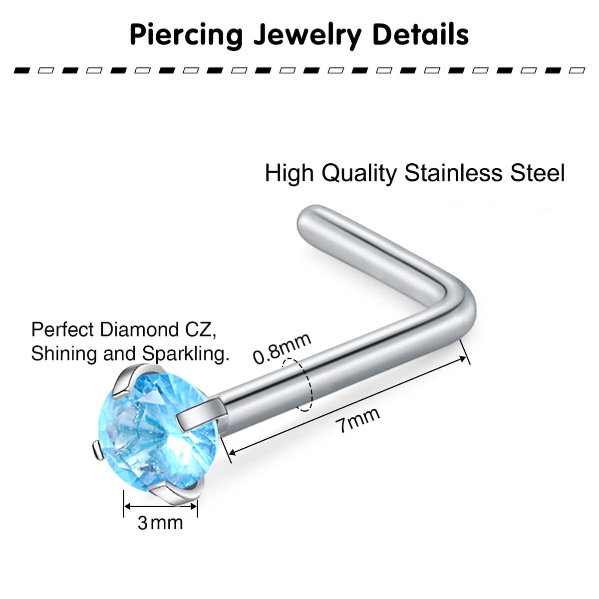 WillTen 20G Nose Studs L Shape Women Nose Studs Colorful Diamond CZ Silver Stainless Steel Heart Start Piercing Jewelry — view 2