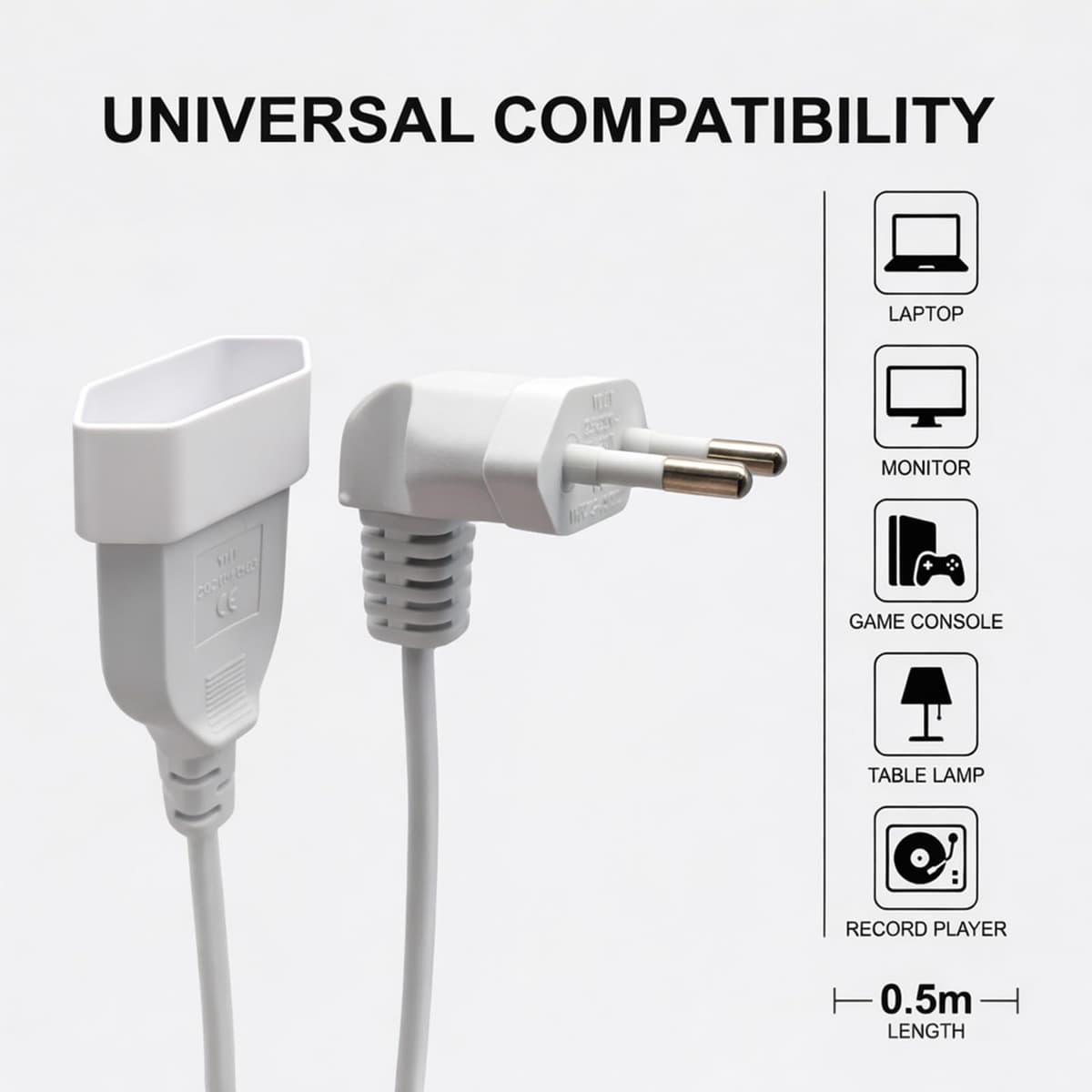 Cable Alargador 2 en 1 con Enchufe Europeo 50CM, Cables Alargadores Europeo de Corriente Acodado 250 V/2,5 A, Alargador Enchufe Plano 2 x 0,75 mm² para Televisores Monitor Consola de Juegos — view 4