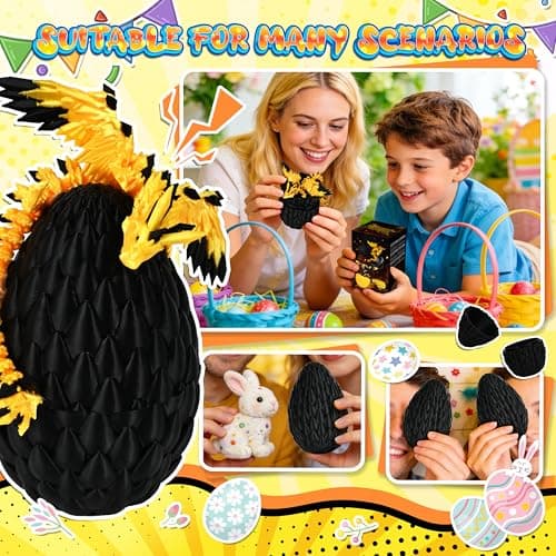 Impossmaker 3D Printed Fly Dragon Egg, Prefilled Easter Eggs Basket Stuffers, Cool Articulated Easter Dragon Gifts Toys, 3D Printer Animals Fidget Dinosaur Toys for Boys Kids Teen (Gold-in-Black) — view 2