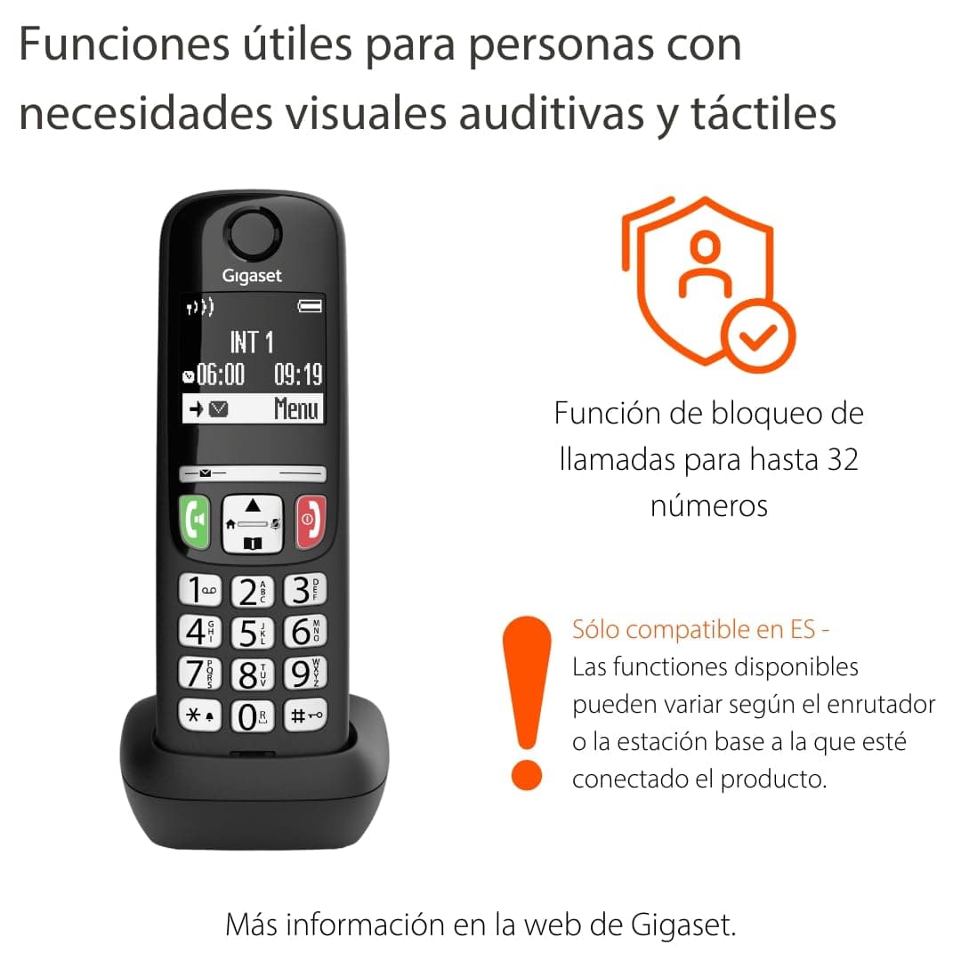 Gigaset E275 - Teléfono DECT Inalámbrico - Teclado Fácil de Usar - Compatible con audífonos - Teclado y Botones Grandes - Pantalla Gráfica en Blanco y Negro Iluminada, Negro [Versión Española] — view 2