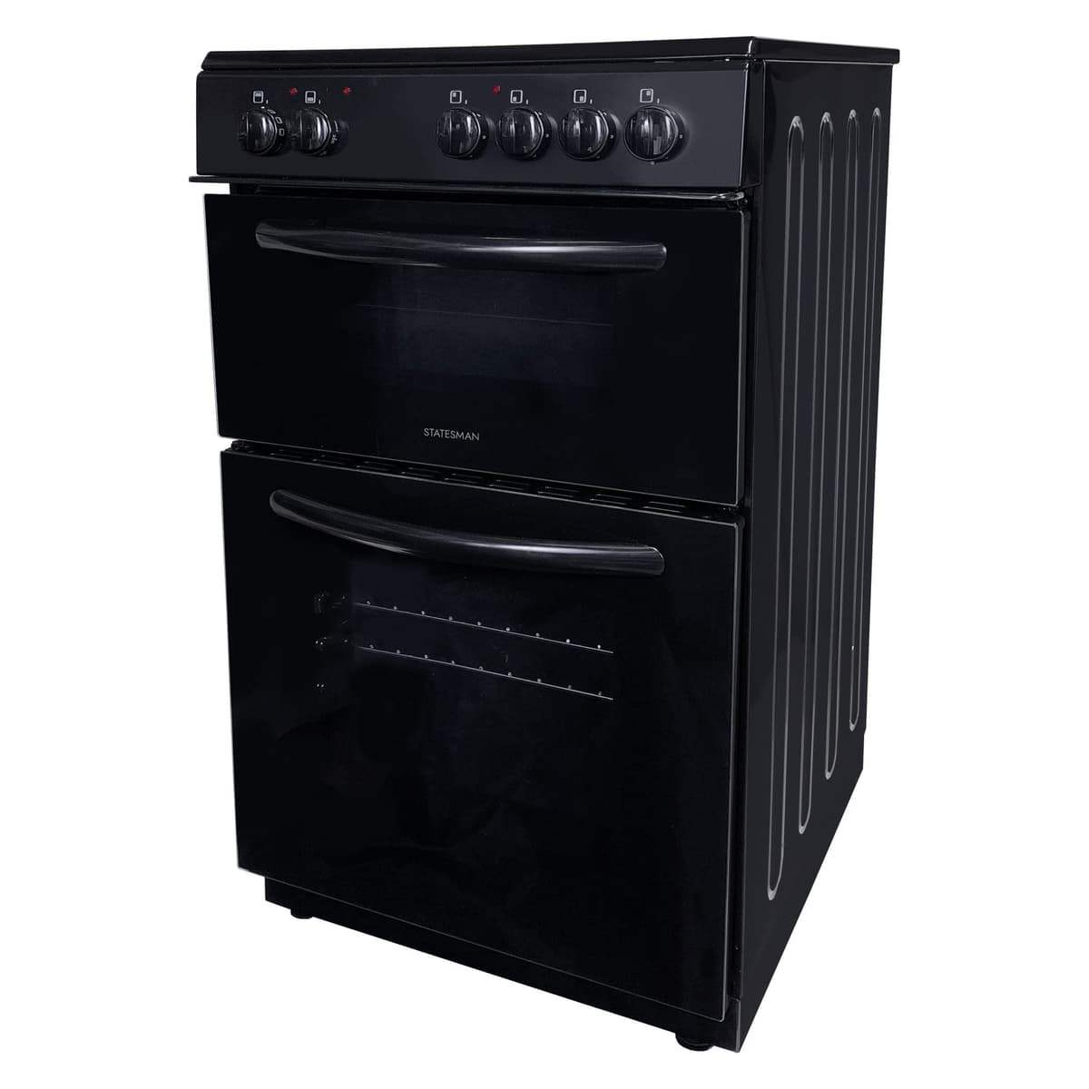 Statesman EDC50B Fan Assisted Double Oven Electric Cooker, 4 Zone Ceramic Hob, Integrated Grill, 50cm Wide, Double Glazed Door, 1 Deep Tray with Wired Chrome Grid, Black — view 4
