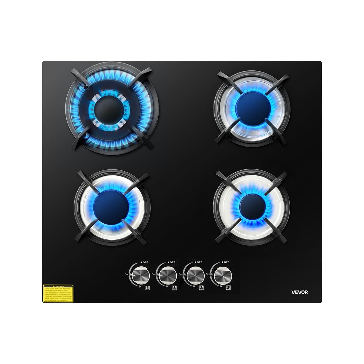 VEVOR Placa de Gas con 4 Fuegos 560 x 480 mm, Placa de Cocción de Gas Máx. 7,8 kW, Placa de Vidrio Templado Integrada, Convertible a GLP, GN, con Protección de Termopar para Sellar, Guisar, Hervir