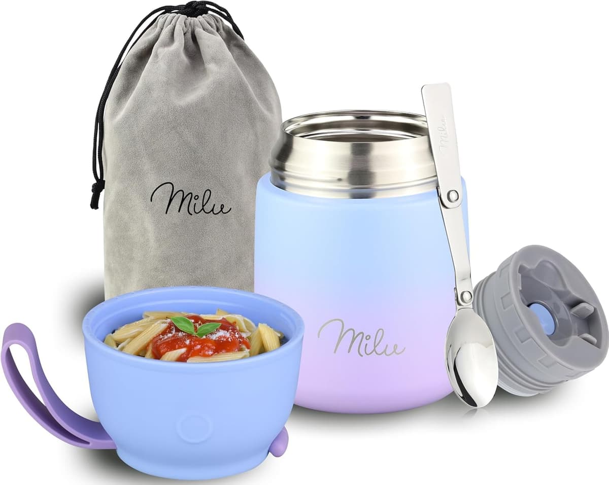 Milu Termo para Comida 450 ml Taza Aislada, Botella de Acero Inoxidable Aislada Alimentos, Beber y sopa de los niños de adultos Térmico (450ml/Verde Azul) — view 40