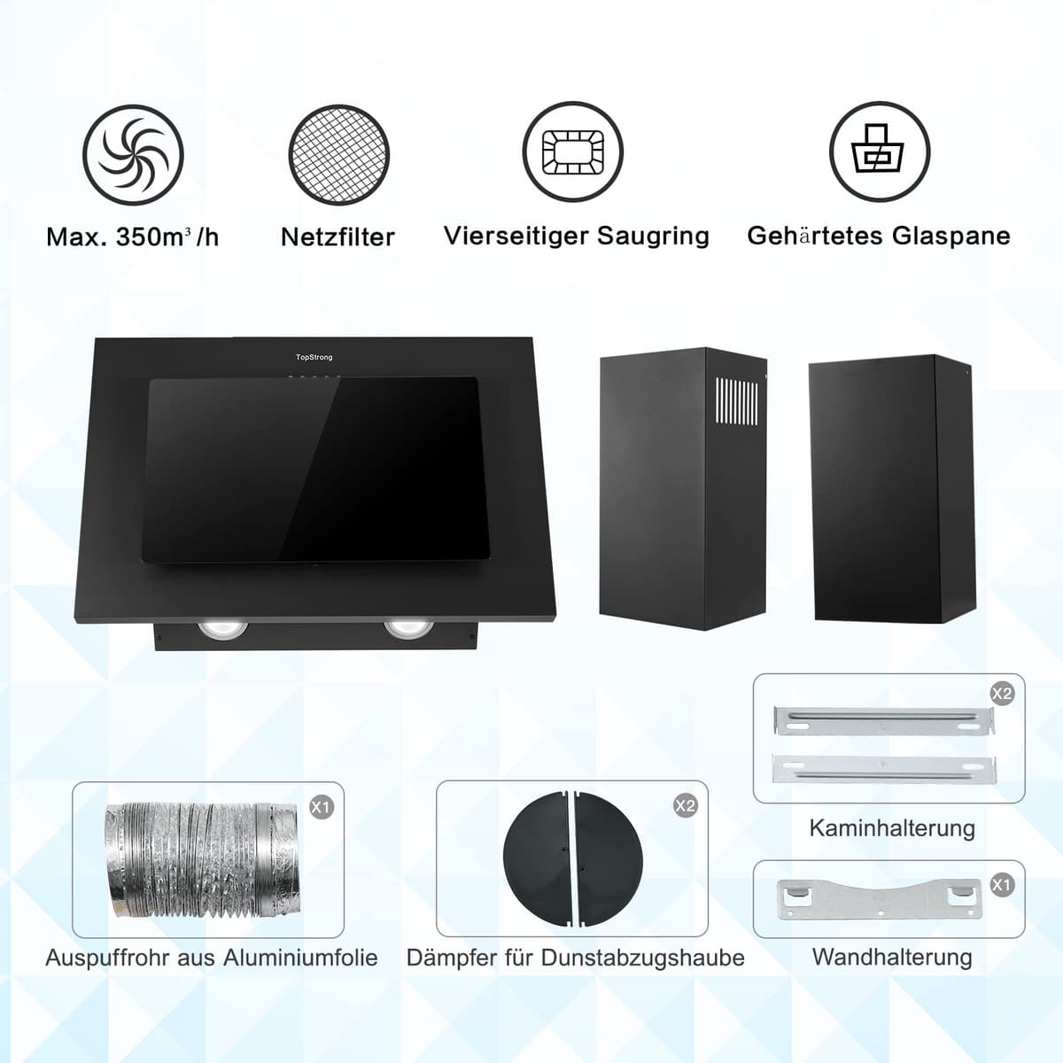 TopStrong Cooker Hood 60cm, Class A++ Extractor Fan Kitchen with Carbon Filters, Wall Mounted Extractor Hood with Recirculating & Ducting System, 3 Speed Black Painting & Tempered Glass, LED Lights — view 9