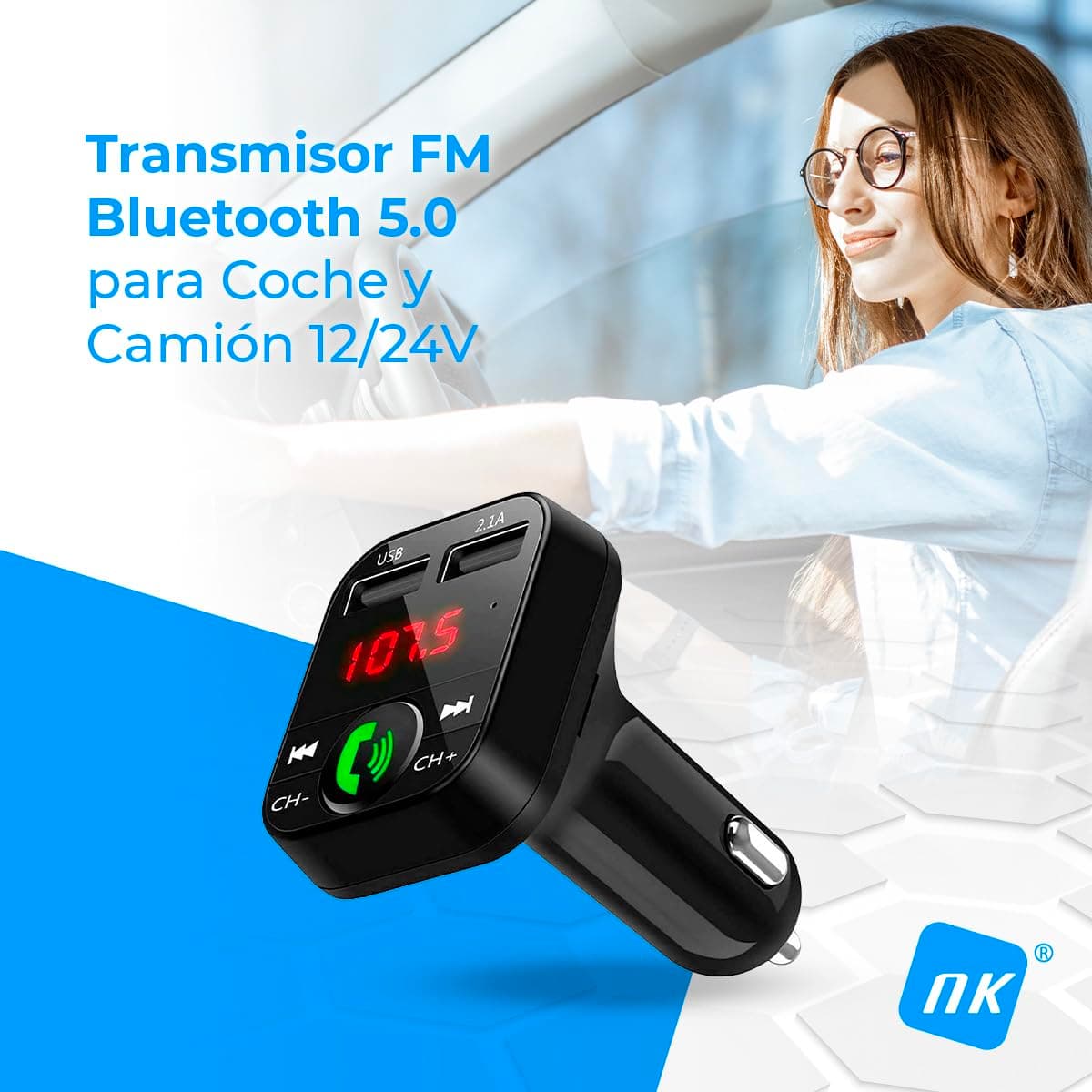 NK Bluetooth V5.0 FM Transmitter for Car and Truck 12/24 V Hands-Free, Music Player +EDR, Adapter Radio Receiver, Dual USB Port Quick Charge 2.1A, NK-FM2102 — view 2