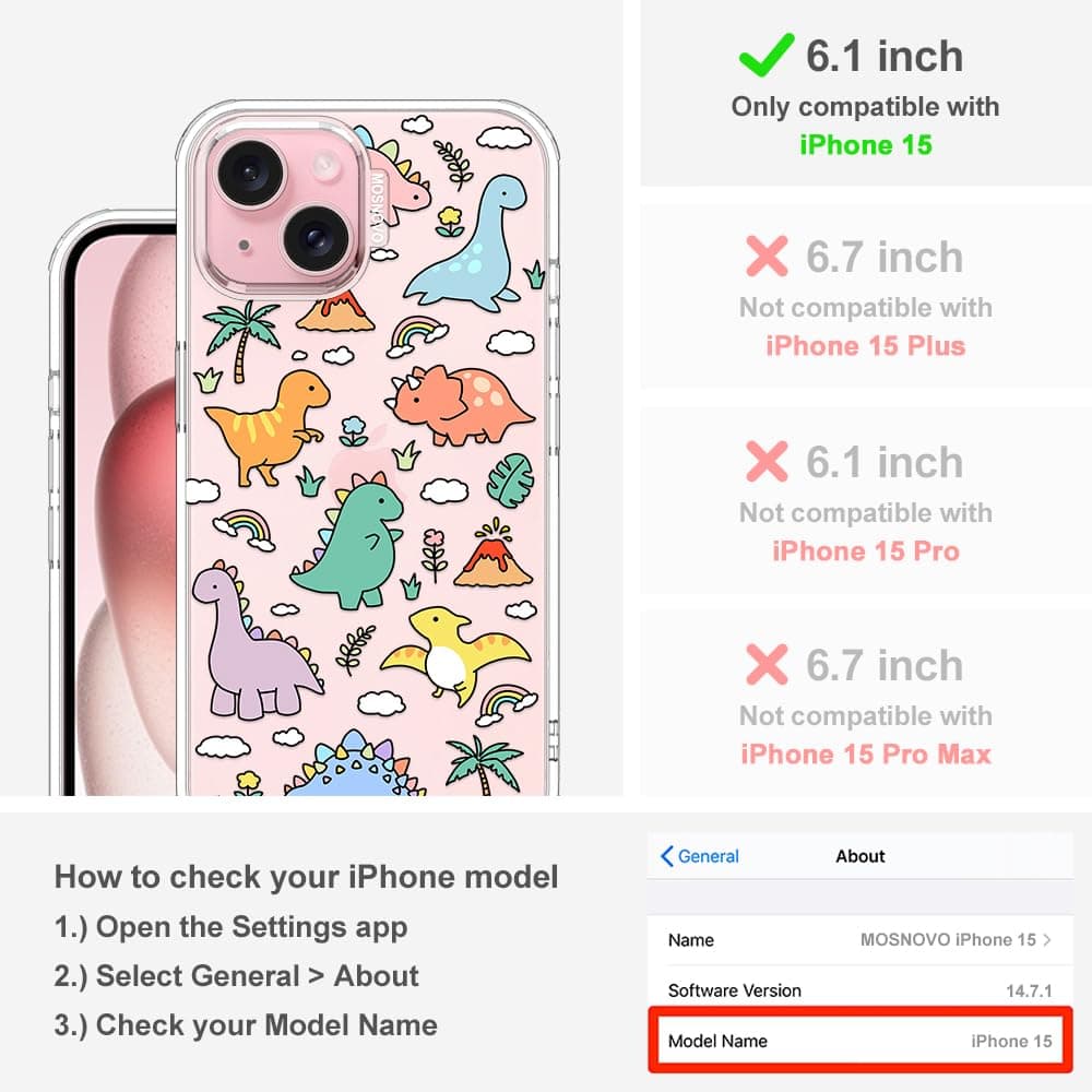 MOSNOVO Case for iPhone 15, [Buffertech 6.6ft Military-Grade Drop Protection] [Anti Peel Off Tech] Clear TPU Bumper Phone Case Cover Design - Dinosaur Land — view 2